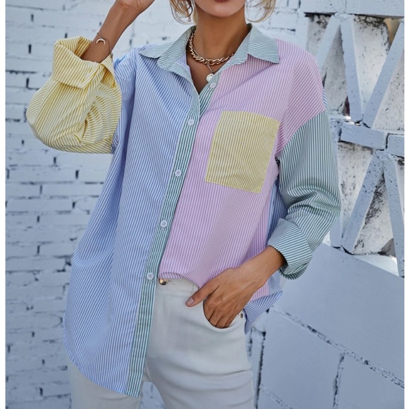 Rouge! Tops - Multicolor Striped Casual Oversized Button Down Shirt (Blue, Green, Yellow, Pink